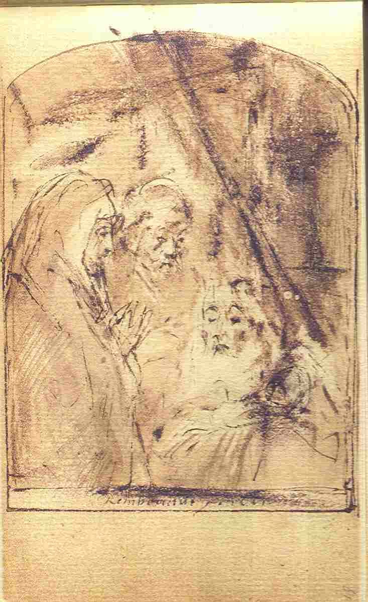 A brown ink drawing with an arched top: an old man holds an infant, and two figures stand close behind him, one with hands joined in prayer.