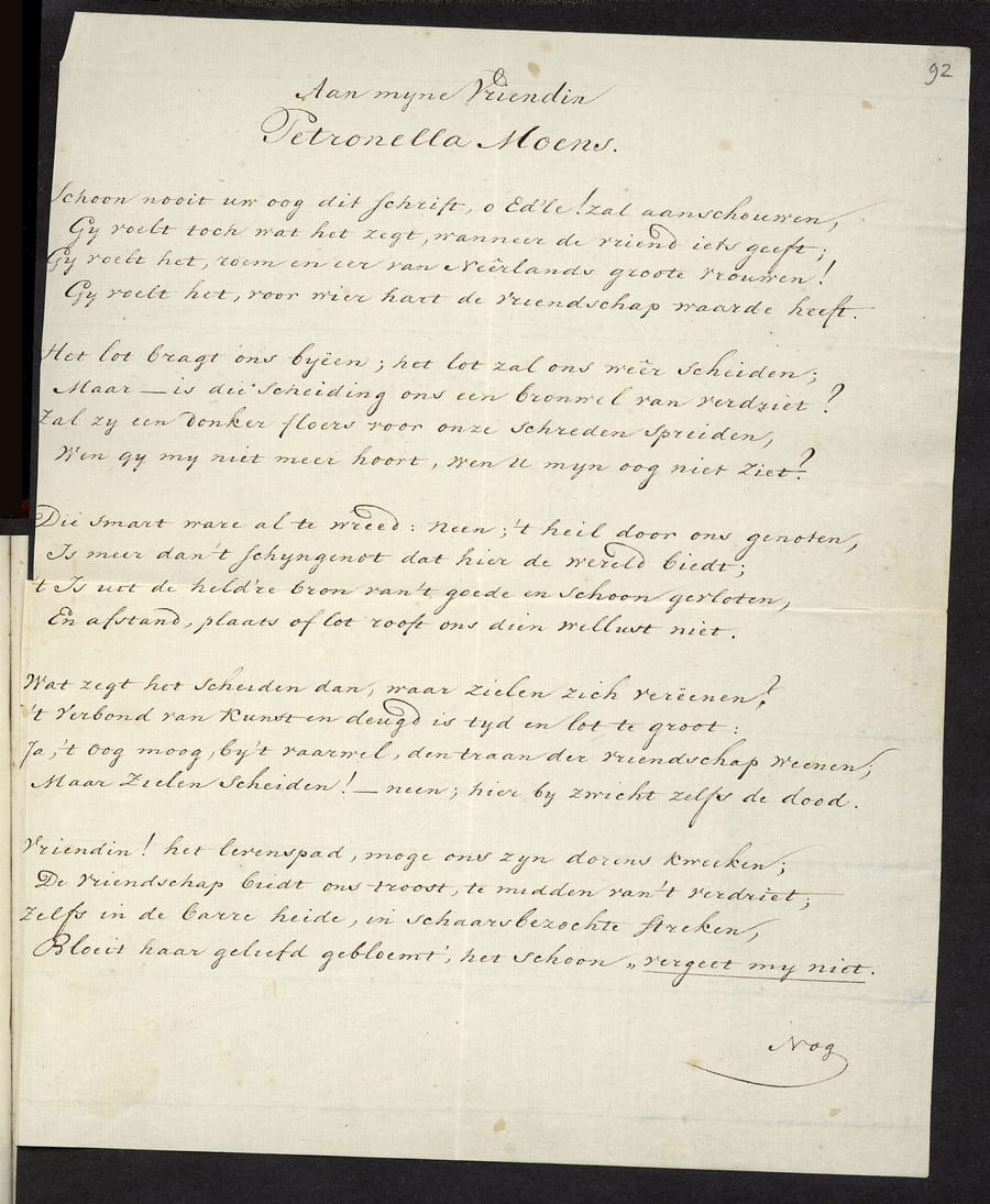 A sheet of cream paper covered in neat, sloping handwriting in brown ink: a heading, then five verses of four lines each, and a flourish at the foot.