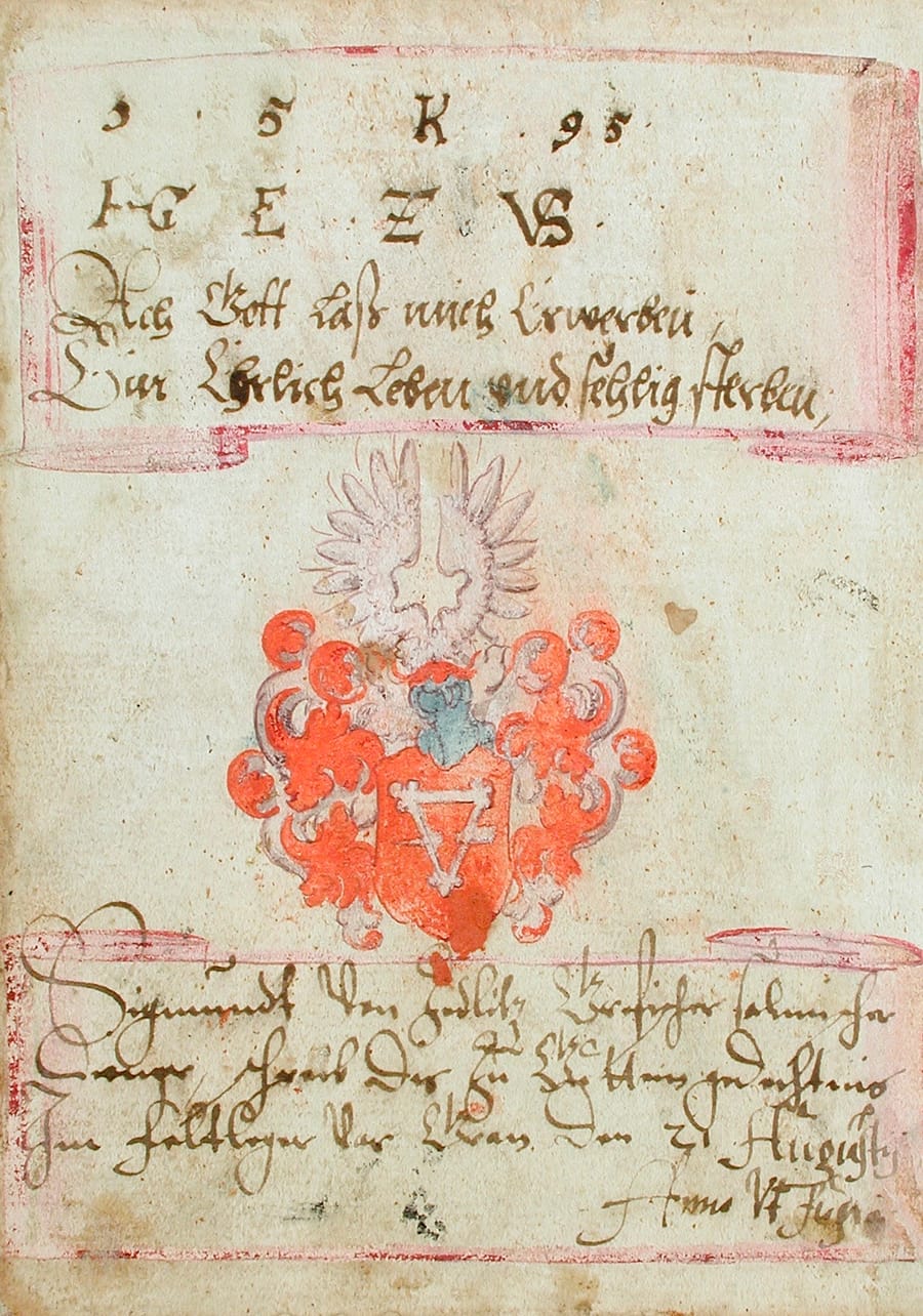 A page of old paper. At the top, in a painted scroll, two lines of German handwriting under the year 1595. In the middle a coat of arms painted in red, white, and blue. Below it, in a second scroll, four lines of handwriting ending in a date in August.